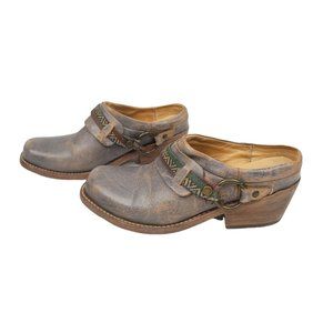 Bed Stu Triad Leather Mules Clogs Slip On Size 6.5 Grey Blue Western Harness